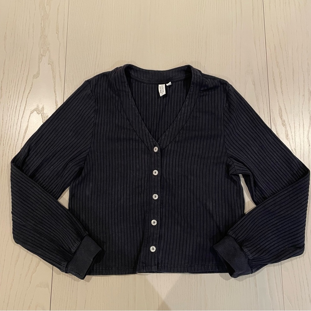 & Other Stories Ribbed Button-Front Long Sleeve Top Cardigan (Washed Black) XS